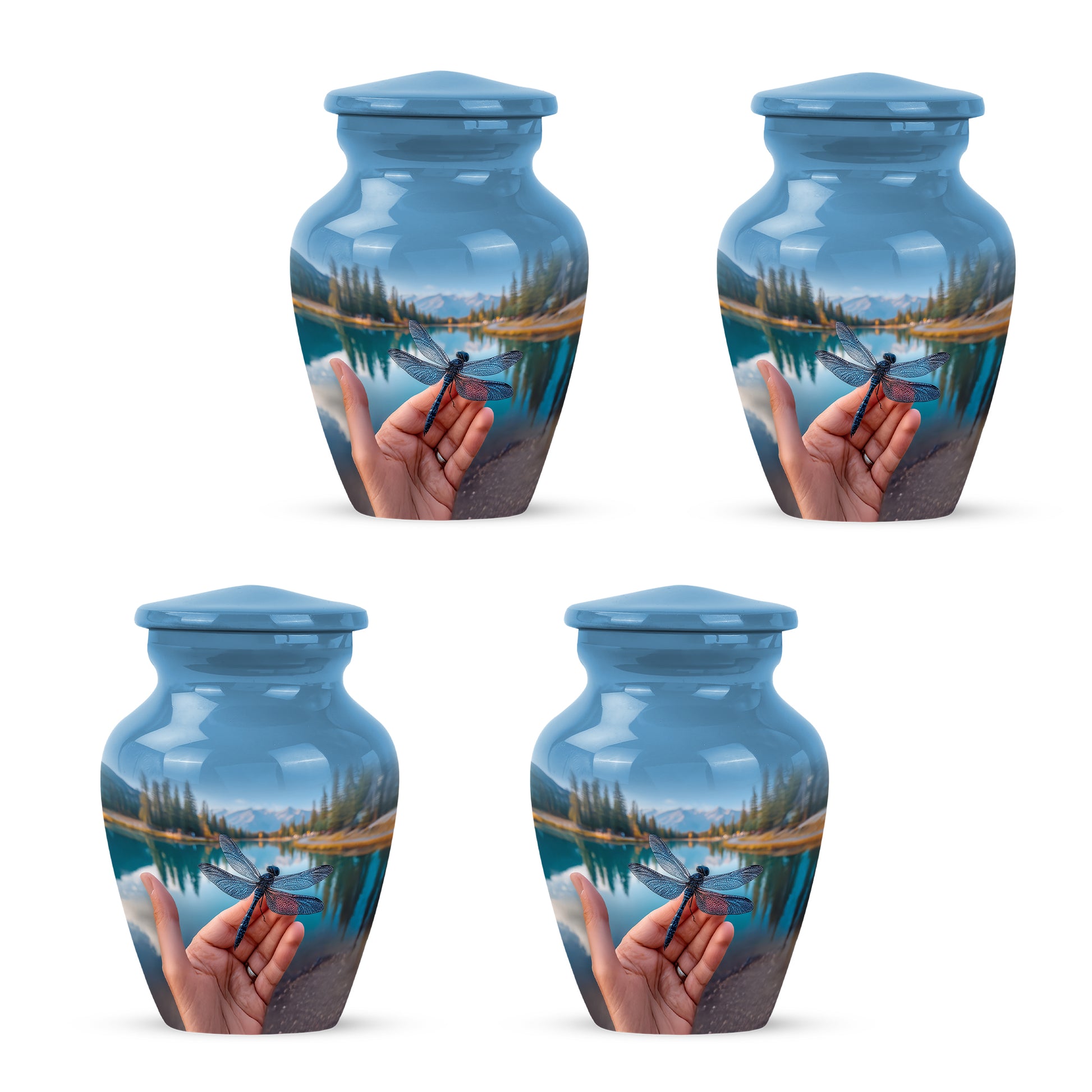Icy Blue Dragonfly Cremation Urn side profile showing urn shape - classic sculpted dragonfly pattern on smooth aluminum - 10 inch aluminum urn for cremated remains