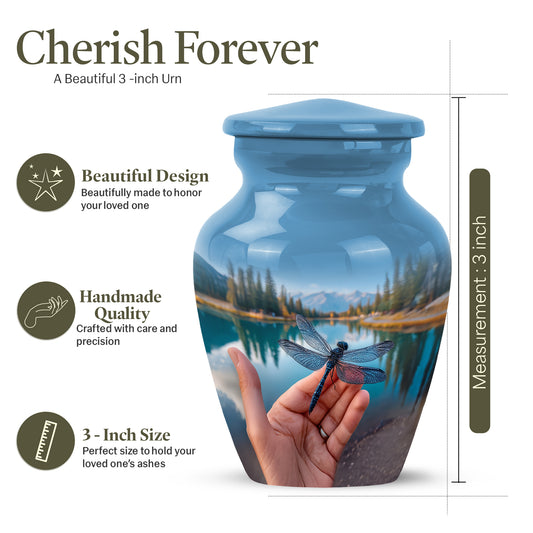 Serene Blue Dragonfly Cremation Urn close-up of engraving and surface detail - traditional dragonfly engraving with hand-polished finish - mini keepsake memorial for portion of cremation ashes