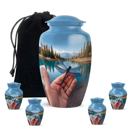 Sky Blue Dragonfly Cremation Urn top-down view of secure threaded lid - classic sculpted dragonfly pattern on smooth aluminum - memorial set with one large and four small urns