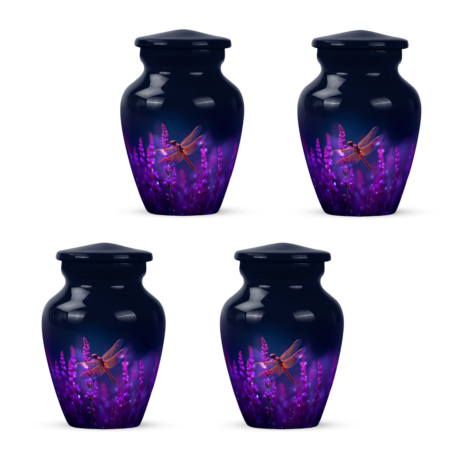 Azure Dragonfly Cremation Urn side profile showing urn shape - timeless dragonfly motif etched into premium metal - 10 inch aluminum urn for cremated remains