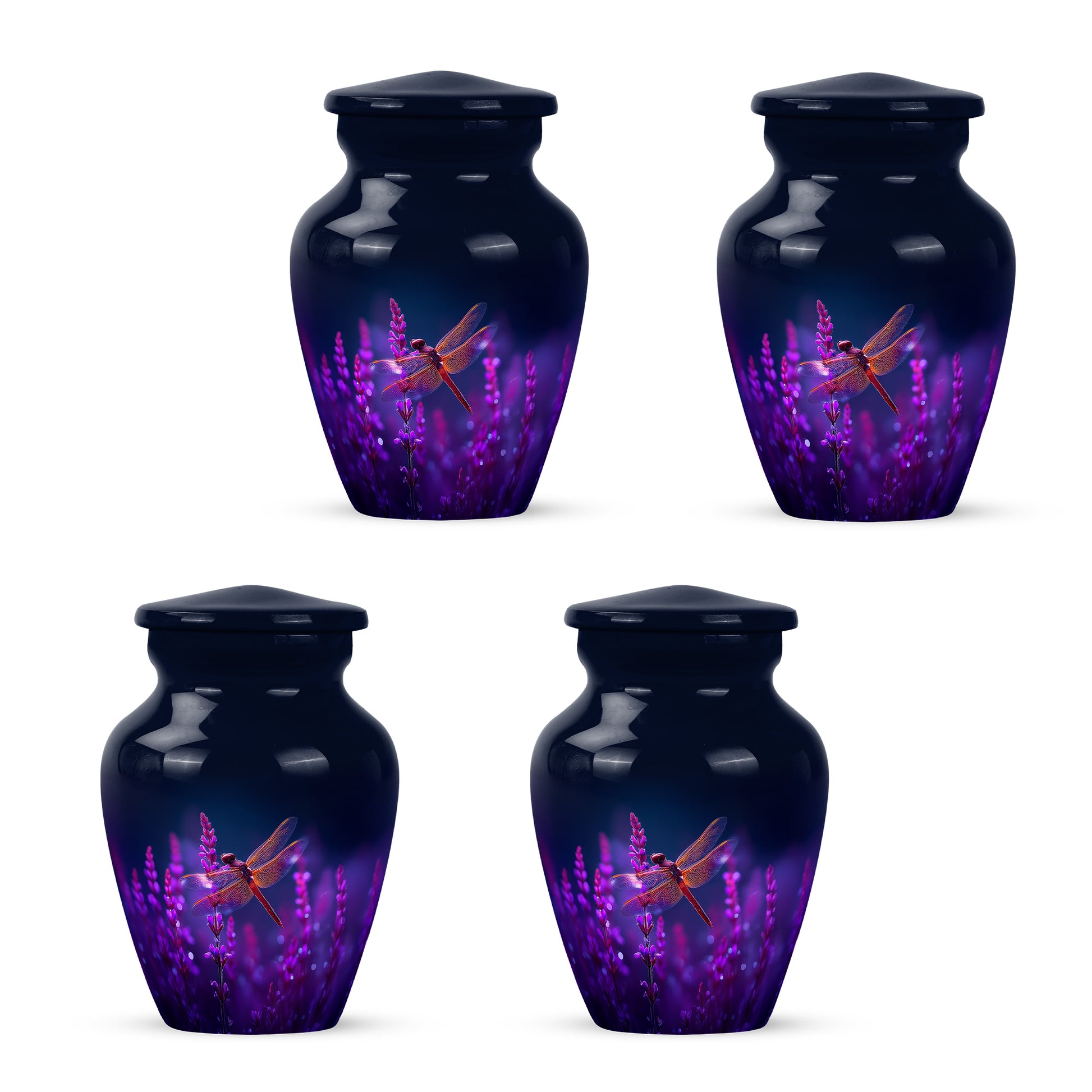 Azure Dragonfly Cremation Urn side profile showing urn shape - timeless dragonfly motif etched into premium metal - 10 inch aluminum urn for cremated remains