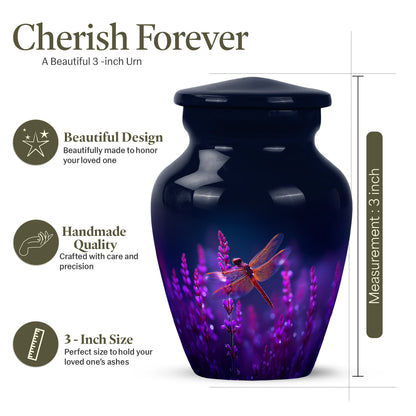 Vivid Blue Dragonfly Cremation Urn close-up of engraving and surface detail - traditional dragonfly engraving with hand-polished finish - mini keepsake memorial for portion of cremation ashes