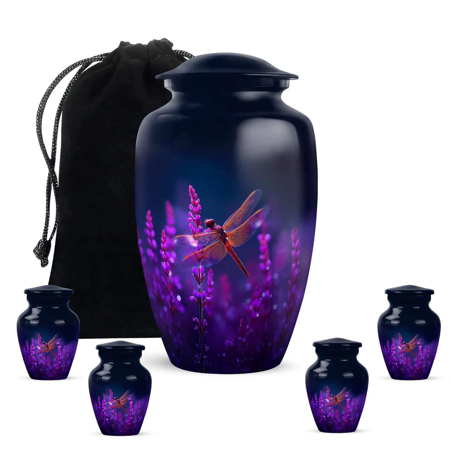 Navy Blue Dragonfly Cremation Urn top-down view of secure threaded lid - classic sculpted dragonfly pattern on smooth aluminum - memorial set with one large and four small urns