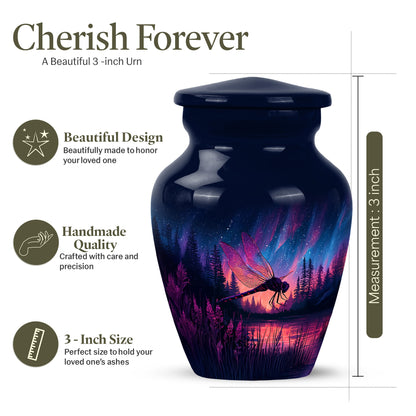 Misty Blue Dragonfly Cremation Urn close-up of engraving and surface detail - classic sculpted dragonfly pattern on smooth aluminum - mini keepsake memorial for portion of cremation ashes