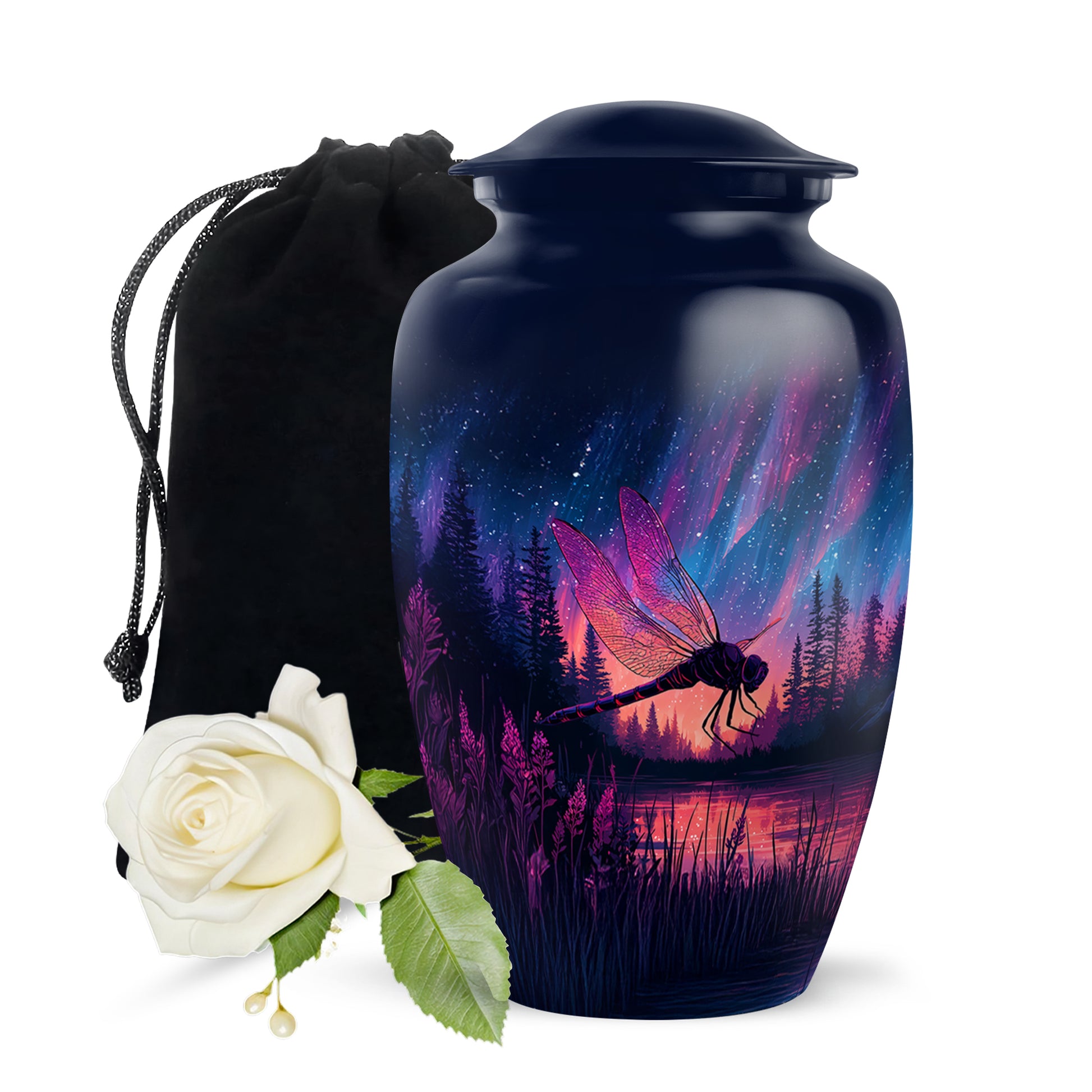 Indigo Dragonfly Cremation Urn angled view of lid and engraved motif - timeless dragonfly motif etched into premium metal - full-size 10 inch 200 cubic inch adult cremation urn