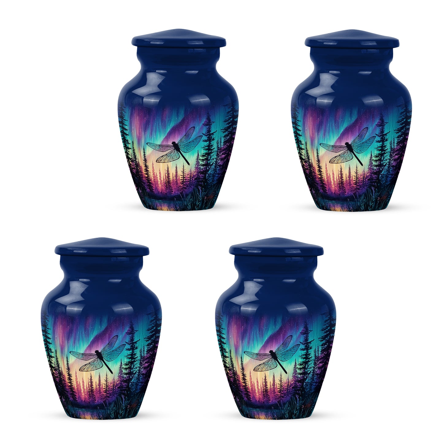 Royal Blue Dragonfly Cremation Urn side profile showing urn shape - elegant classic dragonfly relief with fine detailing - 10 inch aluminum urn for cremated remains