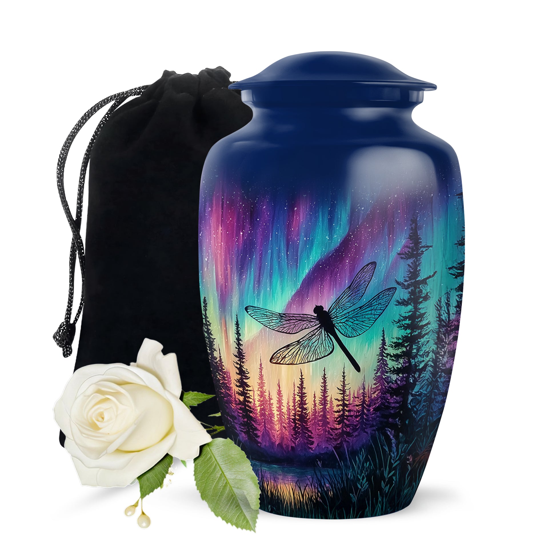 Cornflower Blue Dragonfly Cremation Urn angled view of lid and engraved motif - traditional dragonfly engraving with hand-polished finish - full-size 10 inch 200 cubic inch adult cremation urn