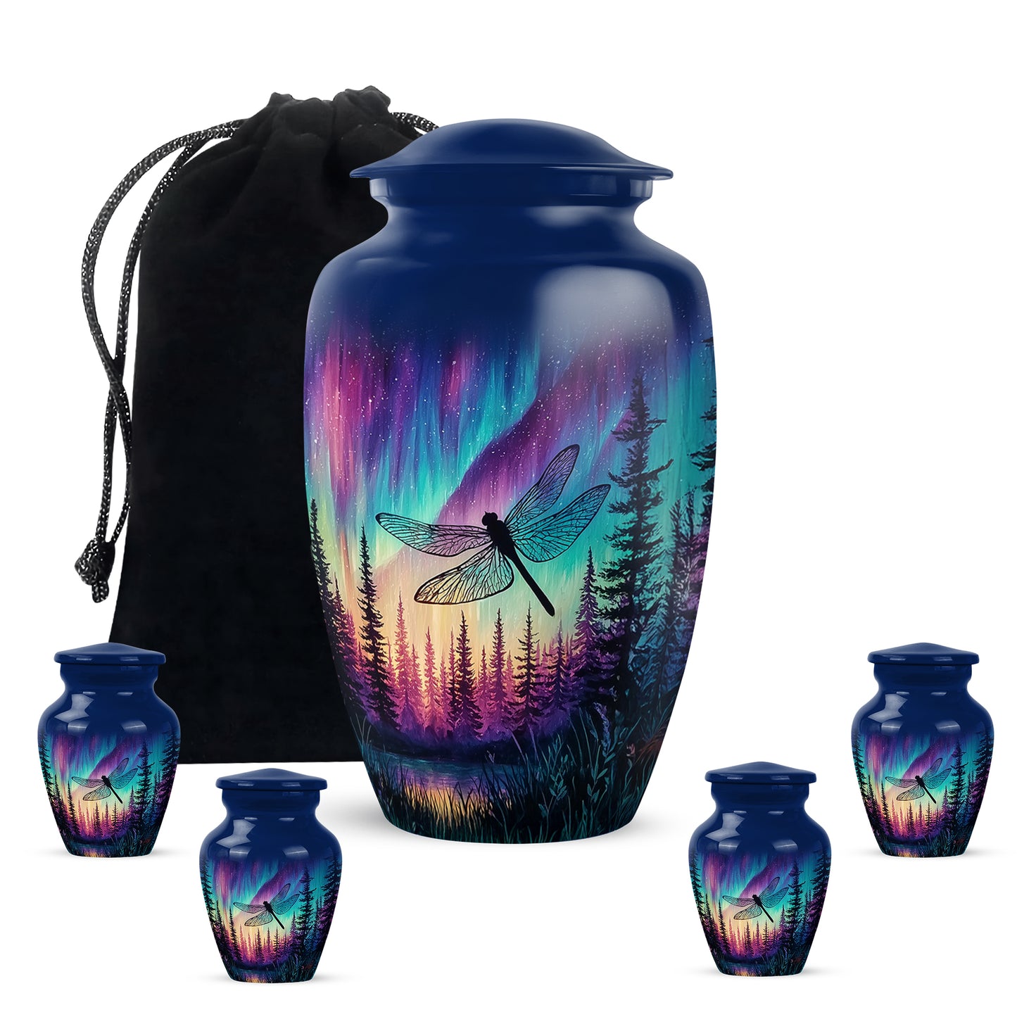 Twilight Blue Dragonfly Cremation Urn top-down view of secure threaded lid - traditional dragonfly engraving with hand-polished finish - memorial set with one large and four small urns