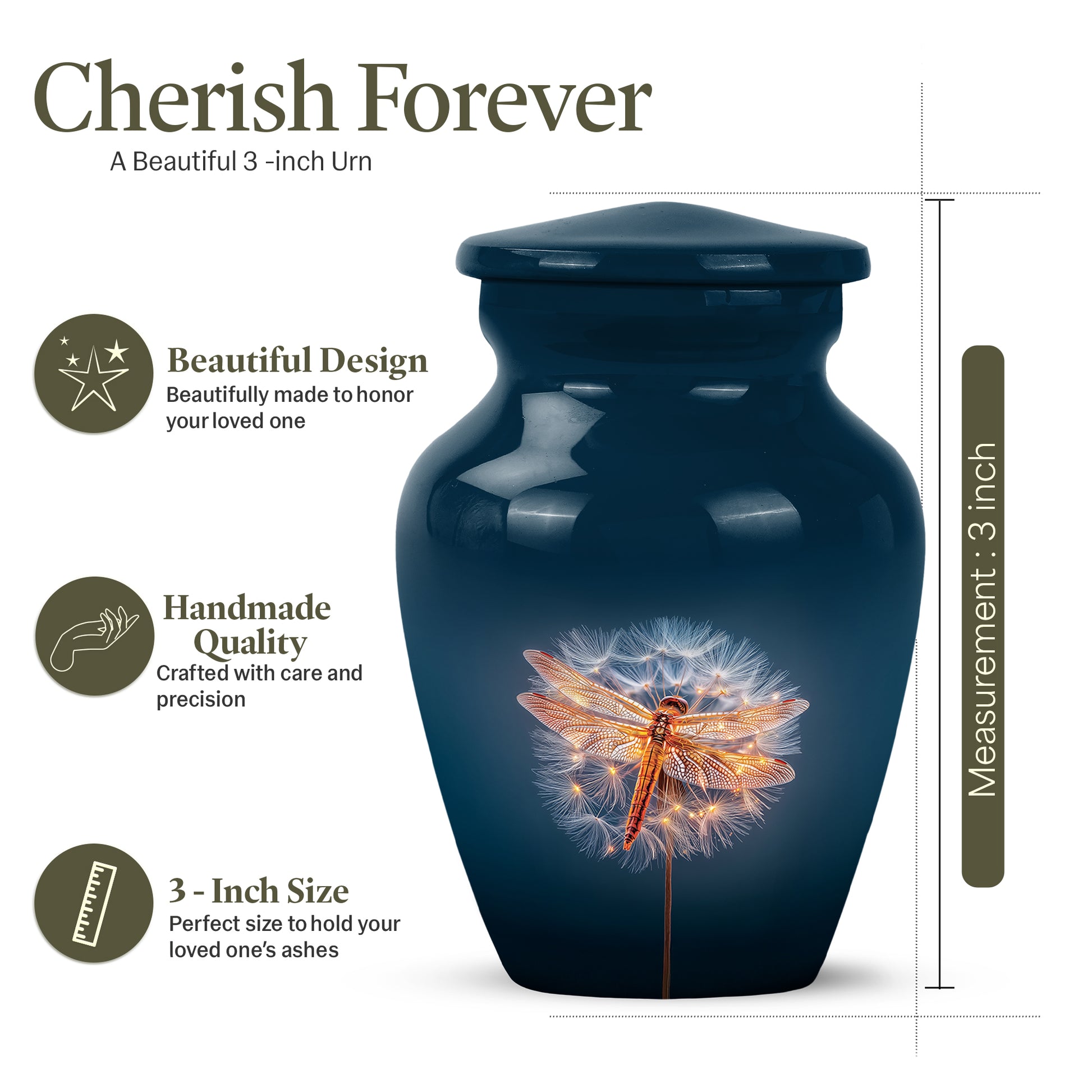 Serene Blue Dragonfly Cremation Urn close-up of engraving and surface detail - elegant classic dragonfly relief with fine detailing - mini keepsake memorial for portion of cremation ashes