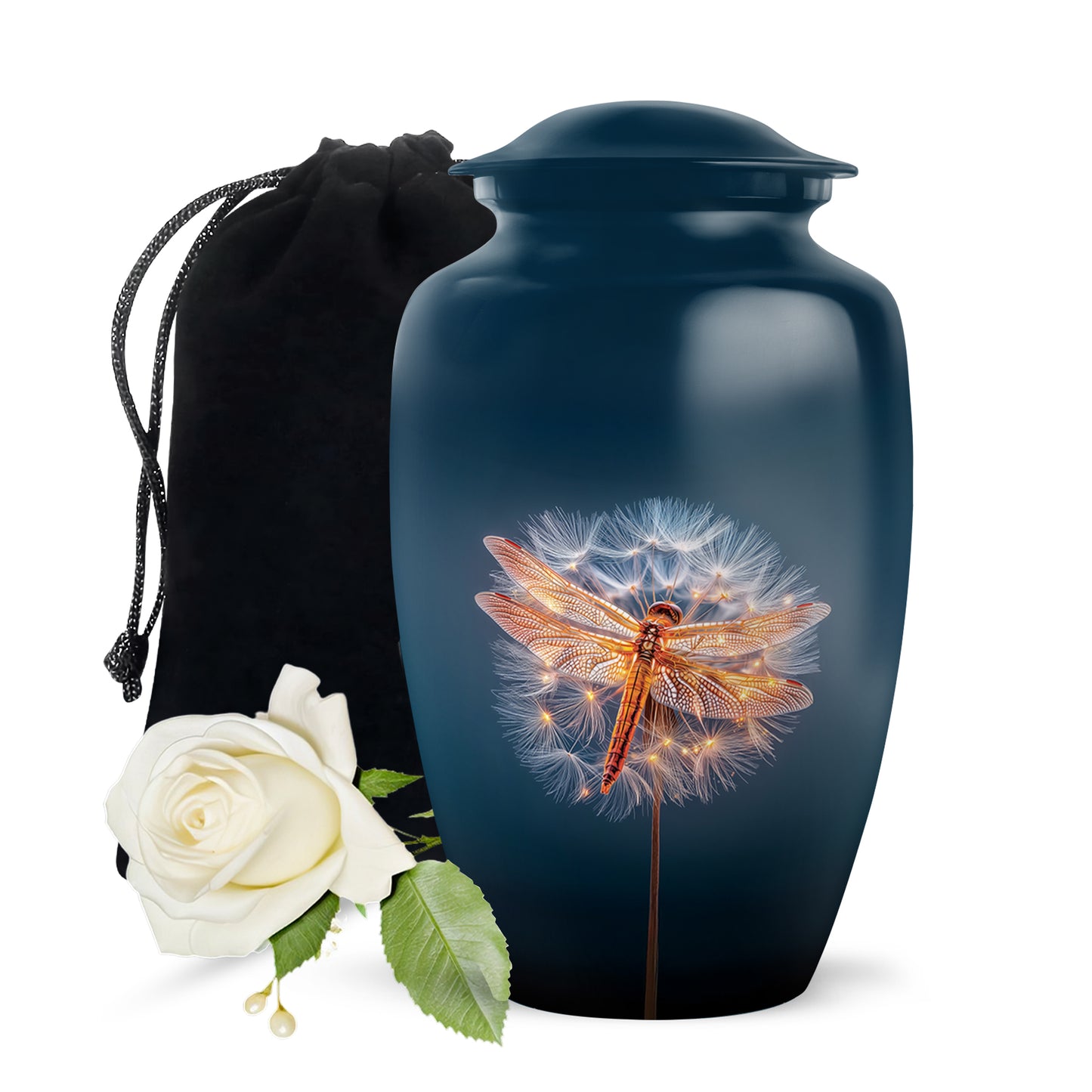Cornflower Blue Dragonfly Cremation Urn angled view of lid and engraved motif - traditional dragonfly engraving with hand-polished finish - full-size 10 inch 200 cubic inch adult cremation urn