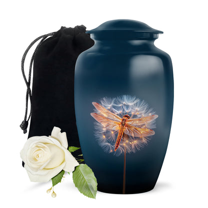Cornflower Blue Dragonfly Cremation Urn angled view of lid and engraved motif - traditional dragonfly engraving with hand-polished finish - full-size 10 inch 200 cubic inch adult cremation urn