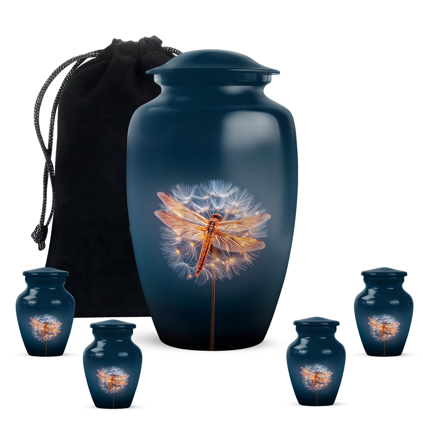 Slate Blue Dragonfly Cremation Urn top-down view of secure threaded lid - timeless dragonfly motif etched into premium metal - memorial set with one large and four small urns