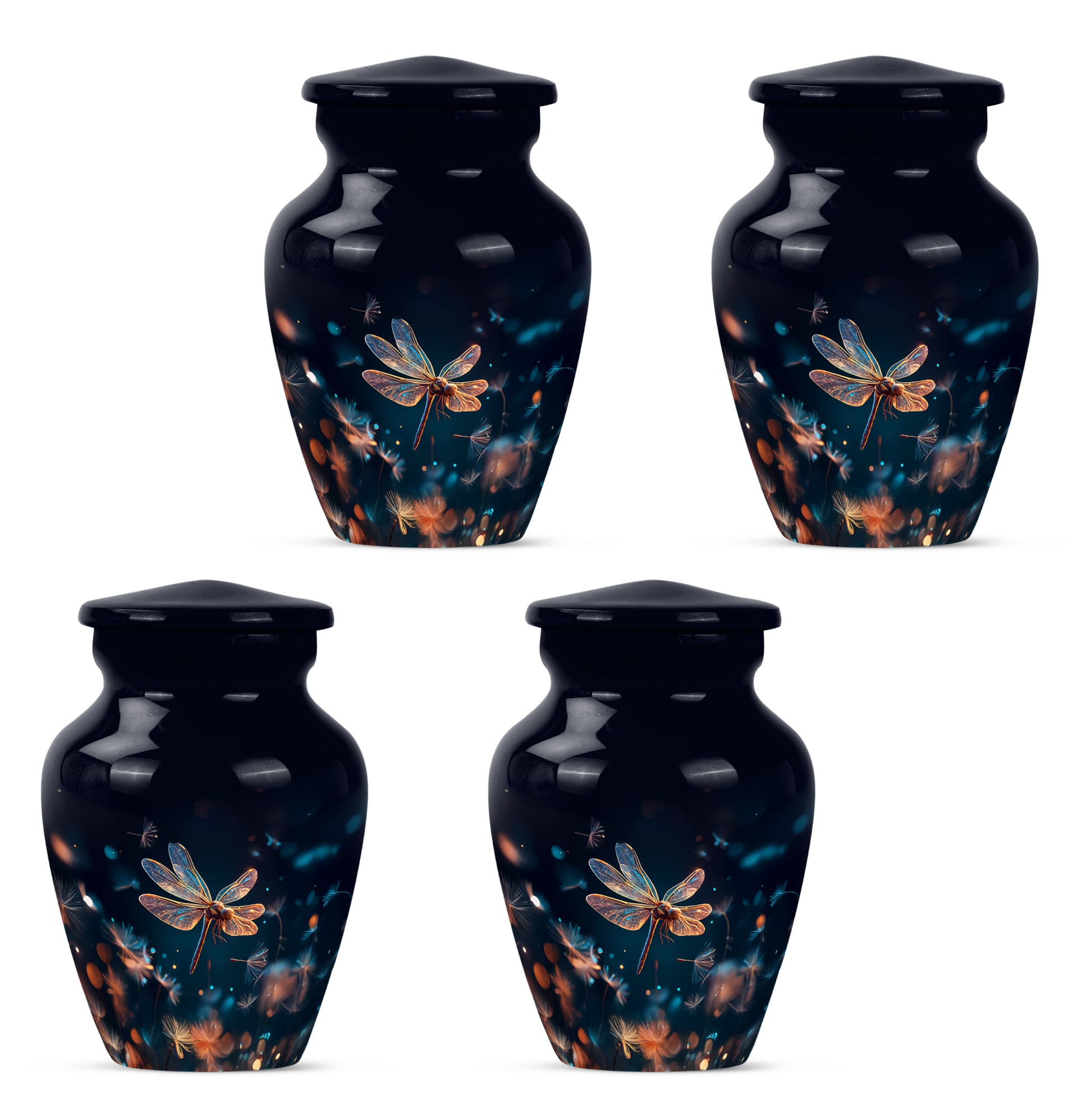 Slate Blue Dragonfly Cremation Urn side profile showing urn shape - timeless dragonfly motif etched into premium metal - 10 inch aluminum urn for cremated remains