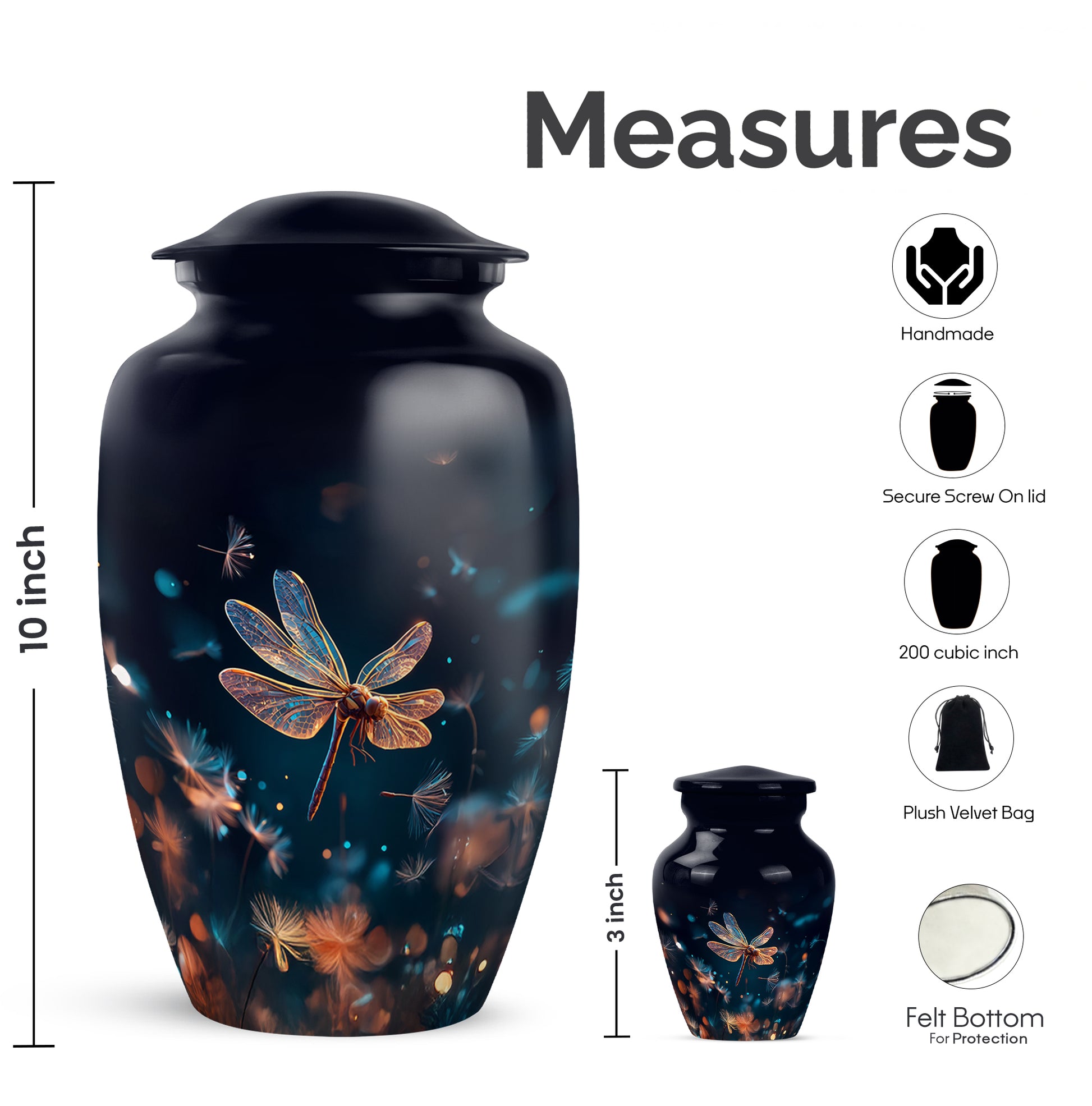Twilight Blue Dragonfly Cremation Urn close-up of engraving and surface detail - elegant classic dragonfly relief with fine detailing - mini keepsake memorial for portion of cremation ashes