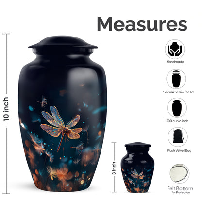 Twilight Blue Dragonfly Cremation Urn close-up of engraving and surface detail - elegant classic dragonfly relief with fine detailing - mini keepsake memorial for portion of cremation ashes