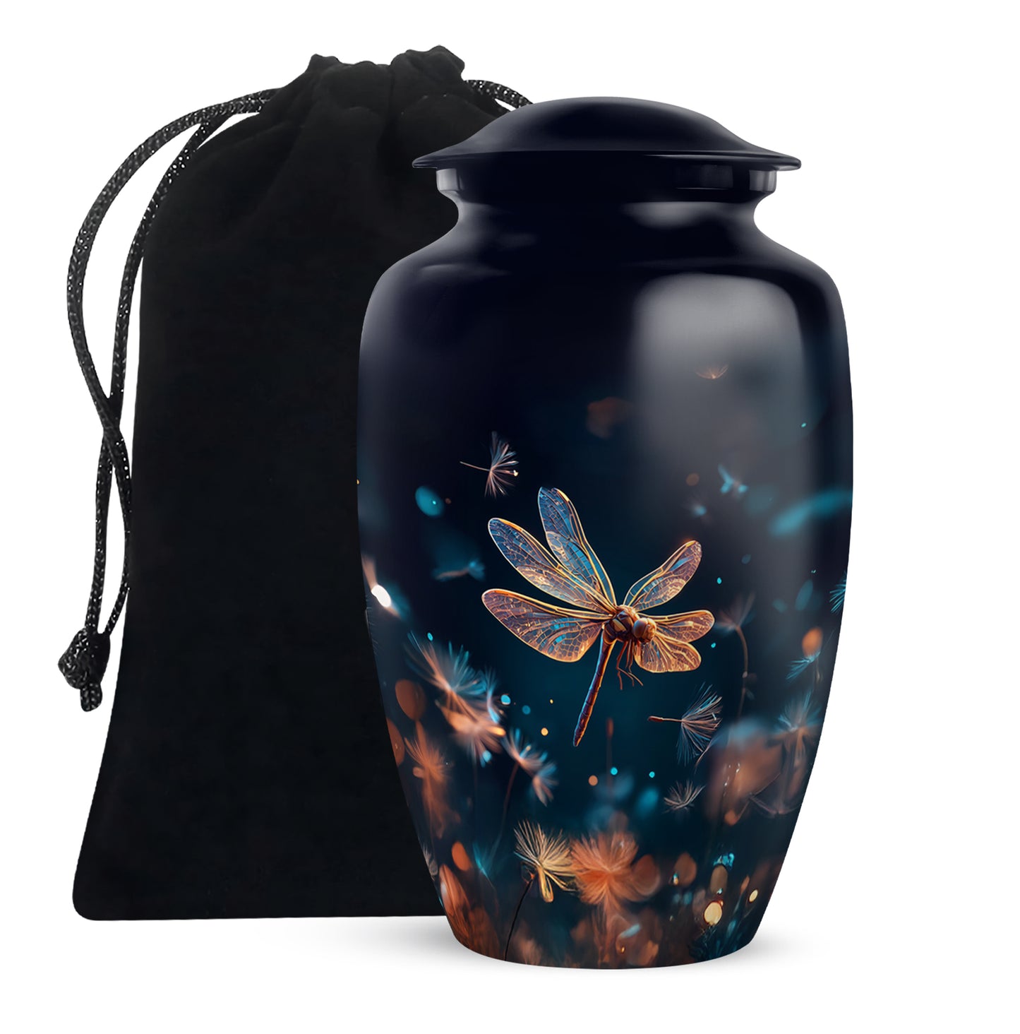 Sky Blue Dragonfly Cremation Urn angled view of lid and engraved motif - timeless dragonfly motif etched into premium metal - full-size 10 inch 200 cubic inch adult cremation urn