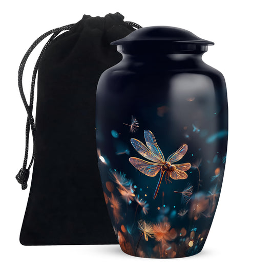 Sky Blue Dragonfly Cremation Urn angled view of lid and engraved motif - timeless dragonfly motif etched into premium metal - full-size 10 inch 200 cubic inch adult cremation urn