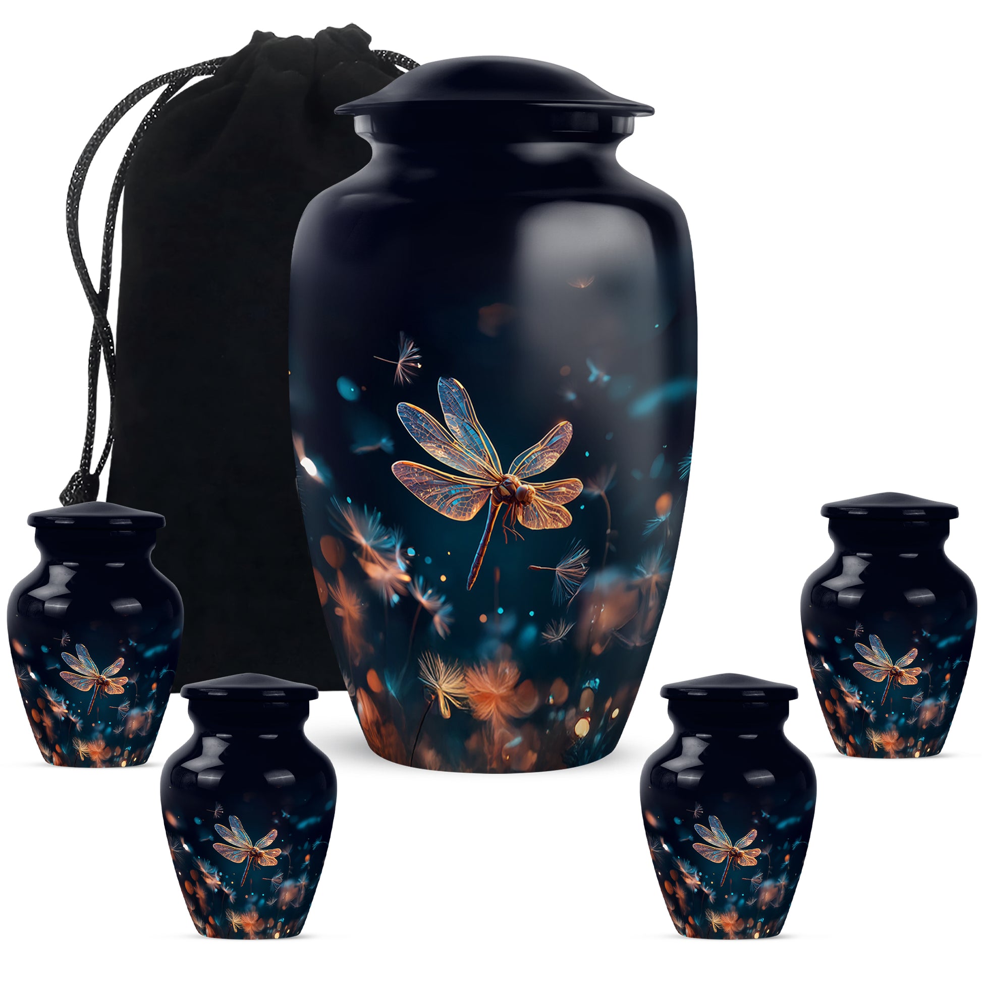 Indigo Dragonfly Cremation Urn top-down view of secure threaded lid - classic sculpted dragonfly pattern on smooth aluminum - memorial set with one large and four small urns