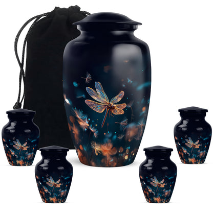 Indigo Dragonfly Cremation Urn top-down view of secure threaded lid - classic sculpted dragonfly pattern on smooth aluminum - memorial set with one large and four small urns