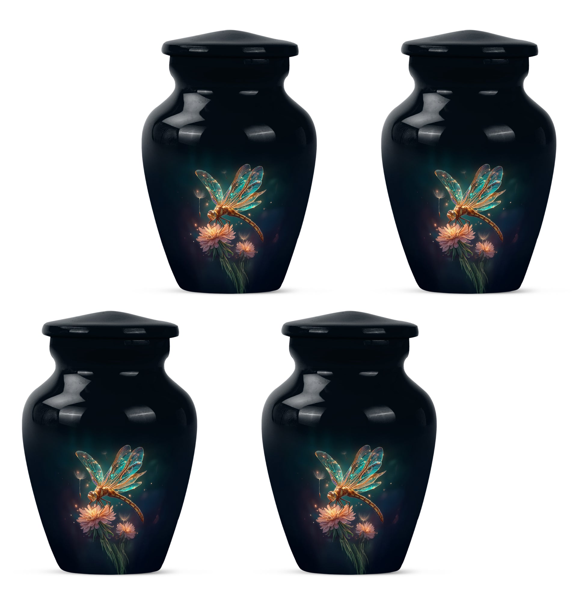 Pastel Blue Dragonfly Cremation Urn side profile showing urn shape - classic sculpted dragonfly pattern on smooth aluminum - 10 inch aluminum urn for cremated remains