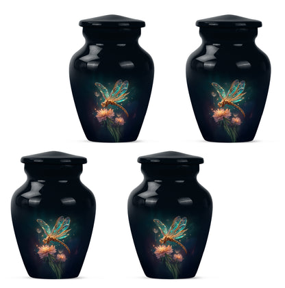 Pastel Blue Dragonfly Cremation Urn side profile showing urn shape - classic sculpted dragonfly pattern on smooth aluminum - 10 inch aluminum urn for cremated remains