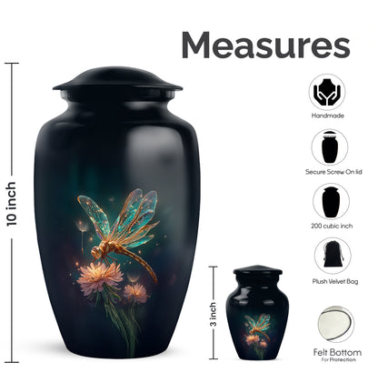 Powder Blue Dragonfly Cremation Urn close-up of engraving and surface detail - timeless dragonfly motif etched into premium metal - mini keepsake memorial for portion of cremation ashes