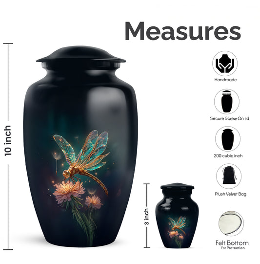 Powder Blue Dragonfly Cremation Urn close-up of engraving and surface detail - timeless dragonfly motif etched into premium metal - mini keepsake memorial for portion of cremation ashes