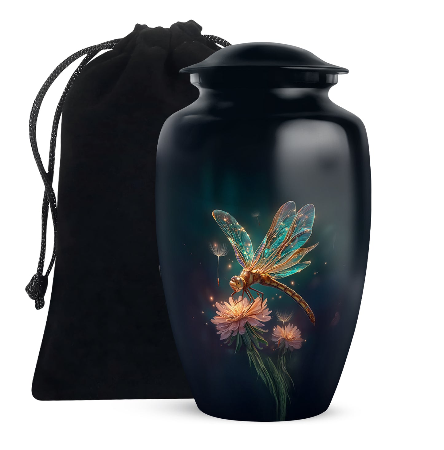 Twilight Blue Dragonfly Cremation Urn angled view of lid and engraved motif - elegant classic dragonfly relief with fine detailing - full-size 10 inch 200 cubic inch adult cremation urn