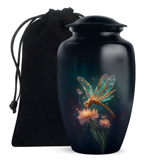 Twilight Blue Dragonfly Cremation Urn angled view of lid and engraved motif - elegant classic dragonfly relief with fine detailing - full-size 10 inch 200 cubic inch adult cremation urn