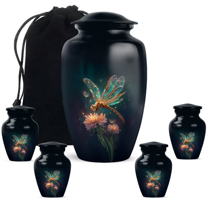 Bright Blue Dragonfly Cremation Urn top-down view of secure threaded lid - elegant classic dragonfly relief with fine detailing - memorial set with one large and four small urns