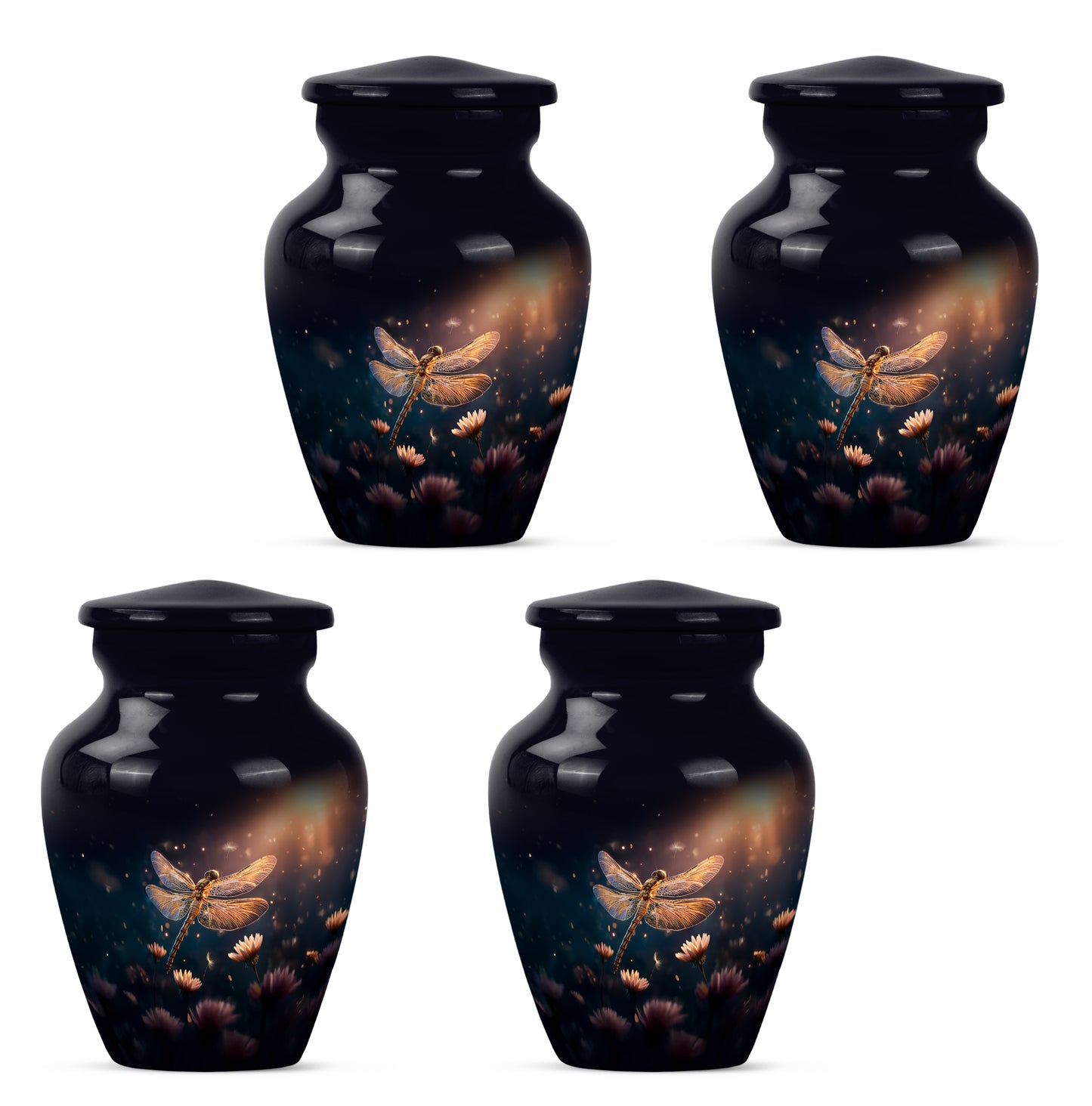 Misty Blue Dragonfly Cremation Urn side profile showing urn shape - classic sculpted dragonfly pattern on smooth aluminum - 10 inch aluminum urn for cremated remains