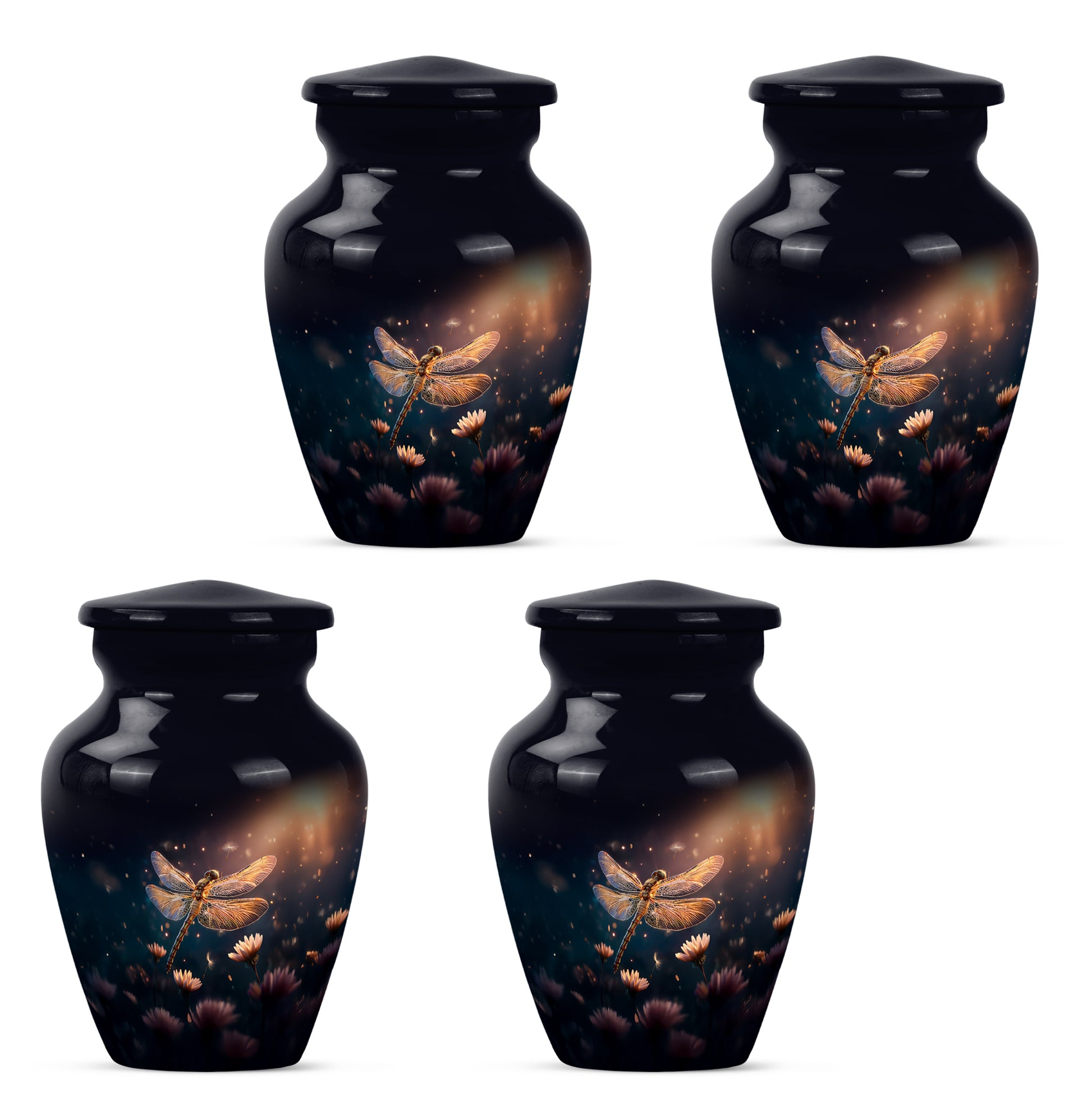 Misty Blue Dragonfly Cremation Urn side profile showing urn shape - classic sculpted dragonfly pattern on smooth aluminum - 10 inch aluminum urn for cremated remains