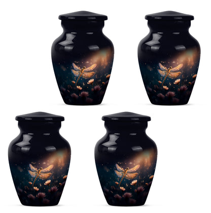 Misty Blue Dragonfly Cremation Urn side profile showing urn shape - classic sculpted dragonfly pattern on smooth aluminum - 10 inch aluminum urn for cremated remains