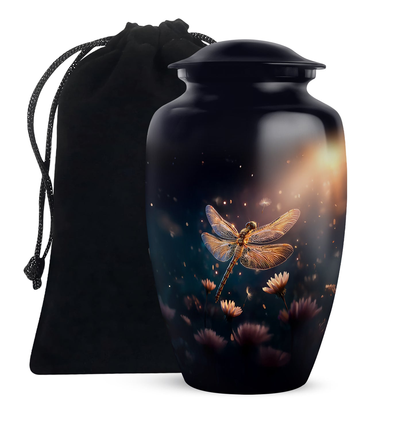 Navy Blue Dragonfly Cremation Urn angled view of lid and engraved motif - timeless dragonfly motif etched into premium metal - full-size 10 inch 200 cubic inch adult cremation urn