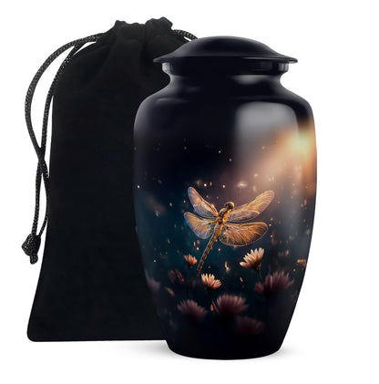 Navy Blue Dragonfly Cremation Urn angled view of lid and engraved motif - timeless dragonfly motif etched into premium metal - full-size 10 inch 200 cubic inch adult cremation urn