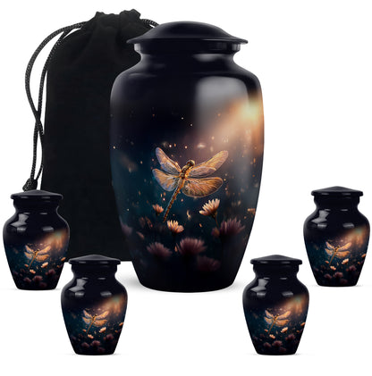 Sapphire Blue Dragonfly Cremation Urn top-down view of secure threaded lid - elegant classic dragonfly relief with fine detailing - memorial set with one large and four small urns