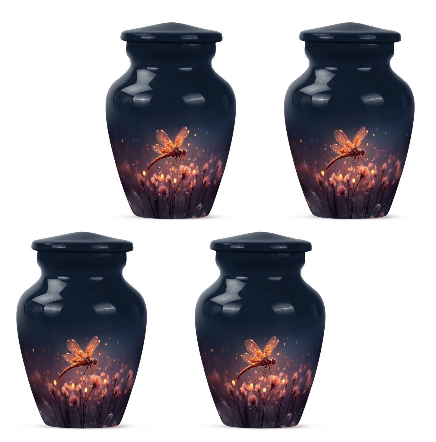 Twilight Blue Dragonfly Cremation Urn side profile showing urn shape - elegant classic dragonfly relief with fine detailing - 10 inch aluminum urn for cremated remains