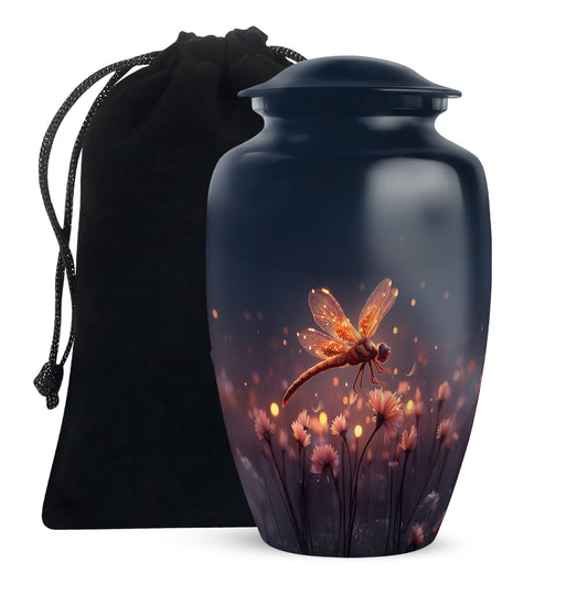 Slate Blue Dragonfly Cremation Urn angled view of lid and engraved motif - timeless dragonfly motif etched into premium metal - full-size 10 inch 200 cubic inch adult cremation urn