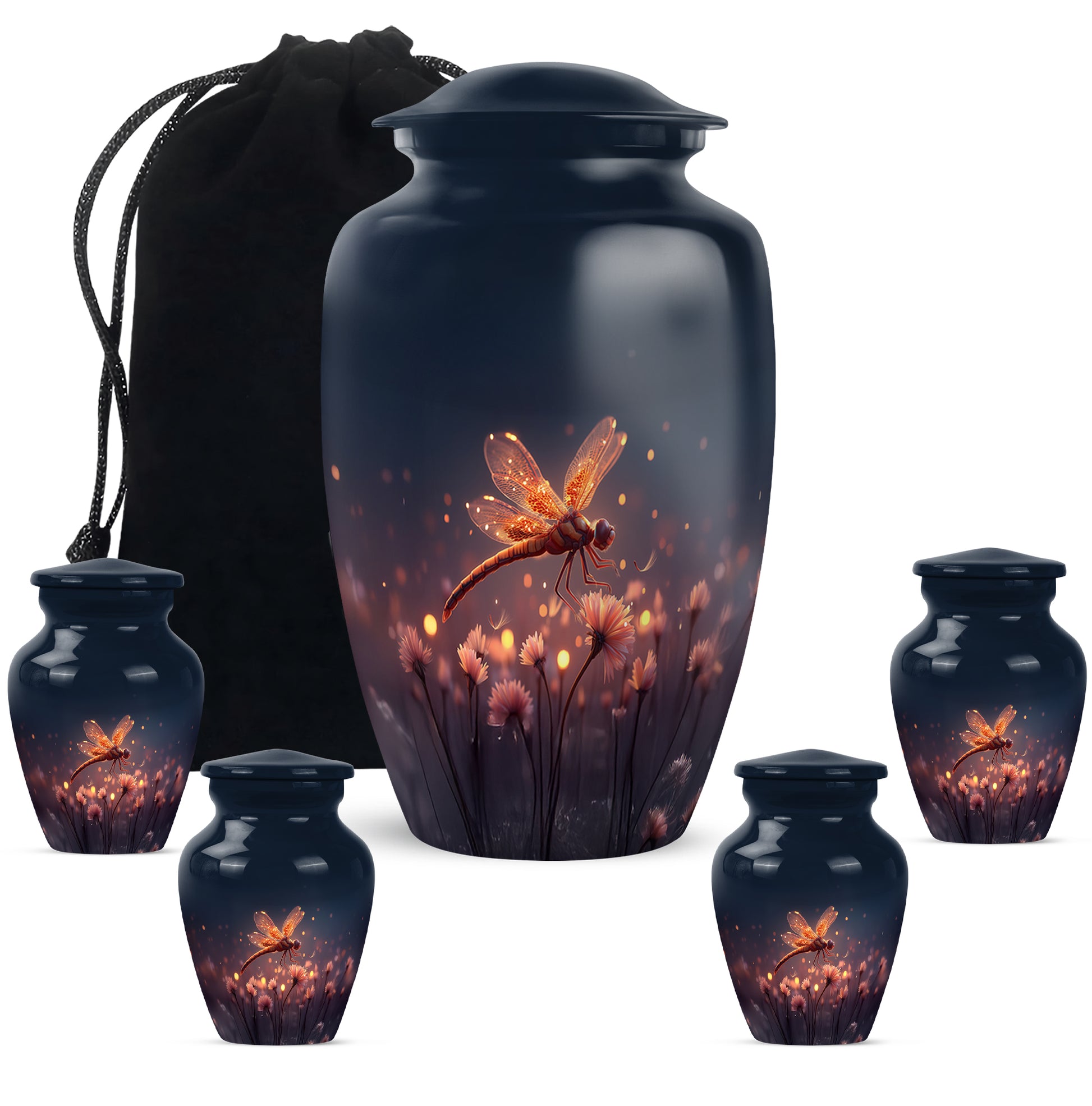 Navy Blue Dragonfly Cremation Urn top-down view of secure threaded lid - classic sculpted dragonfly pattern on smooth aluminum - memorial set with one large and four small urns