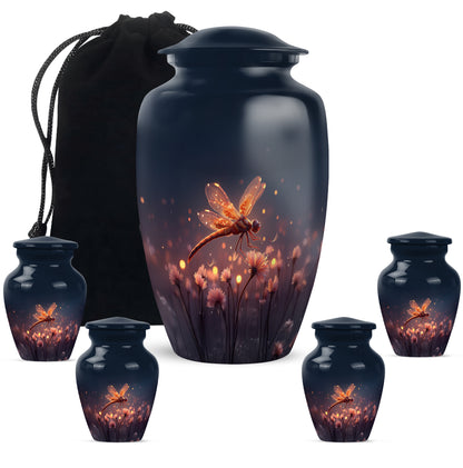 Navy Blue Dragonfly Cremation Urn top-down view of secure threaded lid - classic sculpted dragonfly pattern on smooth aluminum - memorial set with one large and four small urns
