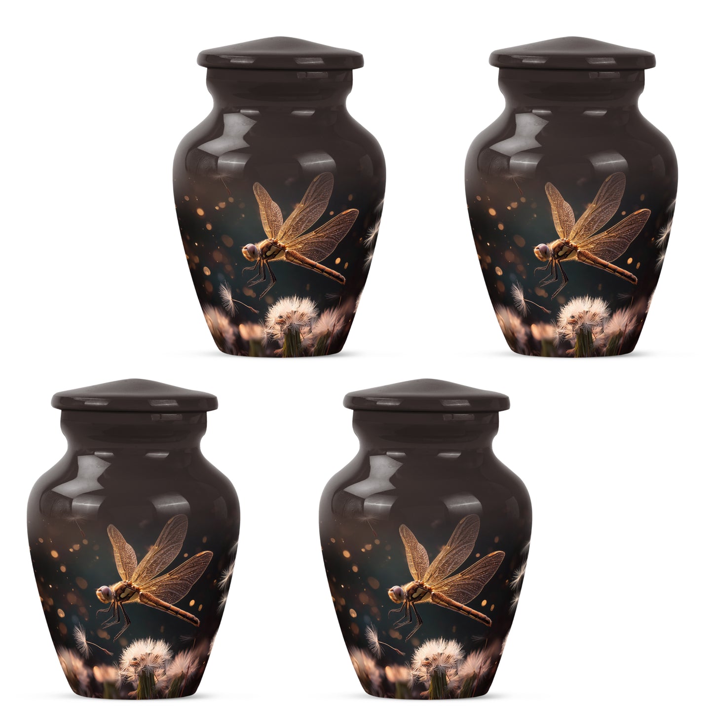Charcoal Black Dragonfly Cremation Urn side profile showing urn shape - traditional dragonfly engraving with hand-polished finish - 10 inch aluminum urn for cremated remains