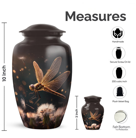 Jet Black Dragonfly Cremation Urn close-up of engraving and surface detail - timeless dragonfly motif etched into premium metal - mini keepsake memorial for portion of cremation ashes