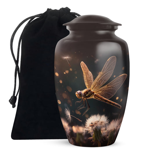 Glossy Black Dragonfly Cremation Urn angled view of lid and engraved motif - timeless dragonfly motif etched into premium metal - full-size 10 inch 200 cubic inch adult cremation urn