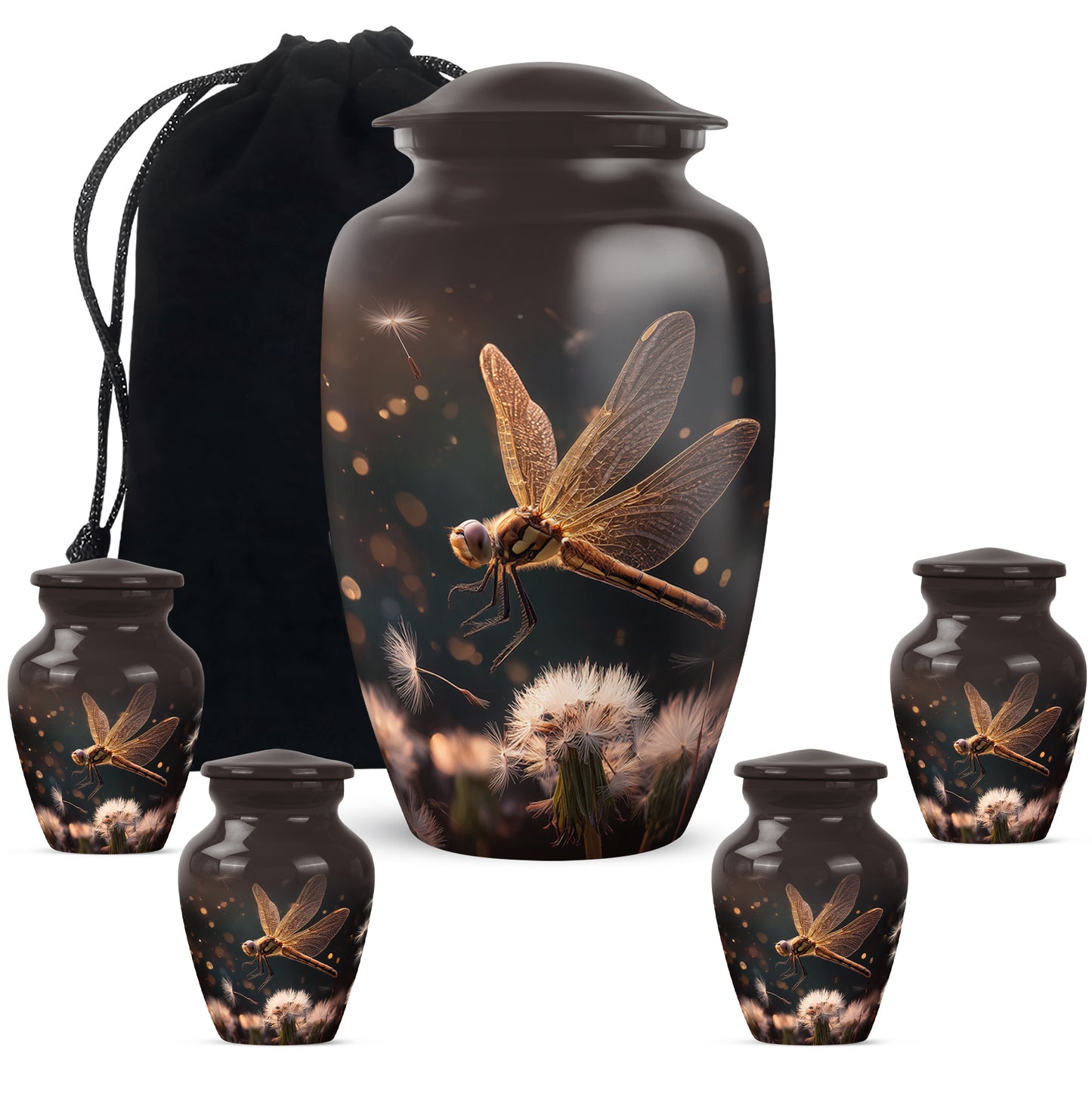 Obsidian Black Dragonfly Cremation Urn top-down view of secure threaded lid - elegant classic dragonfly relief with fine detailing - memorial set with one large and four small urns