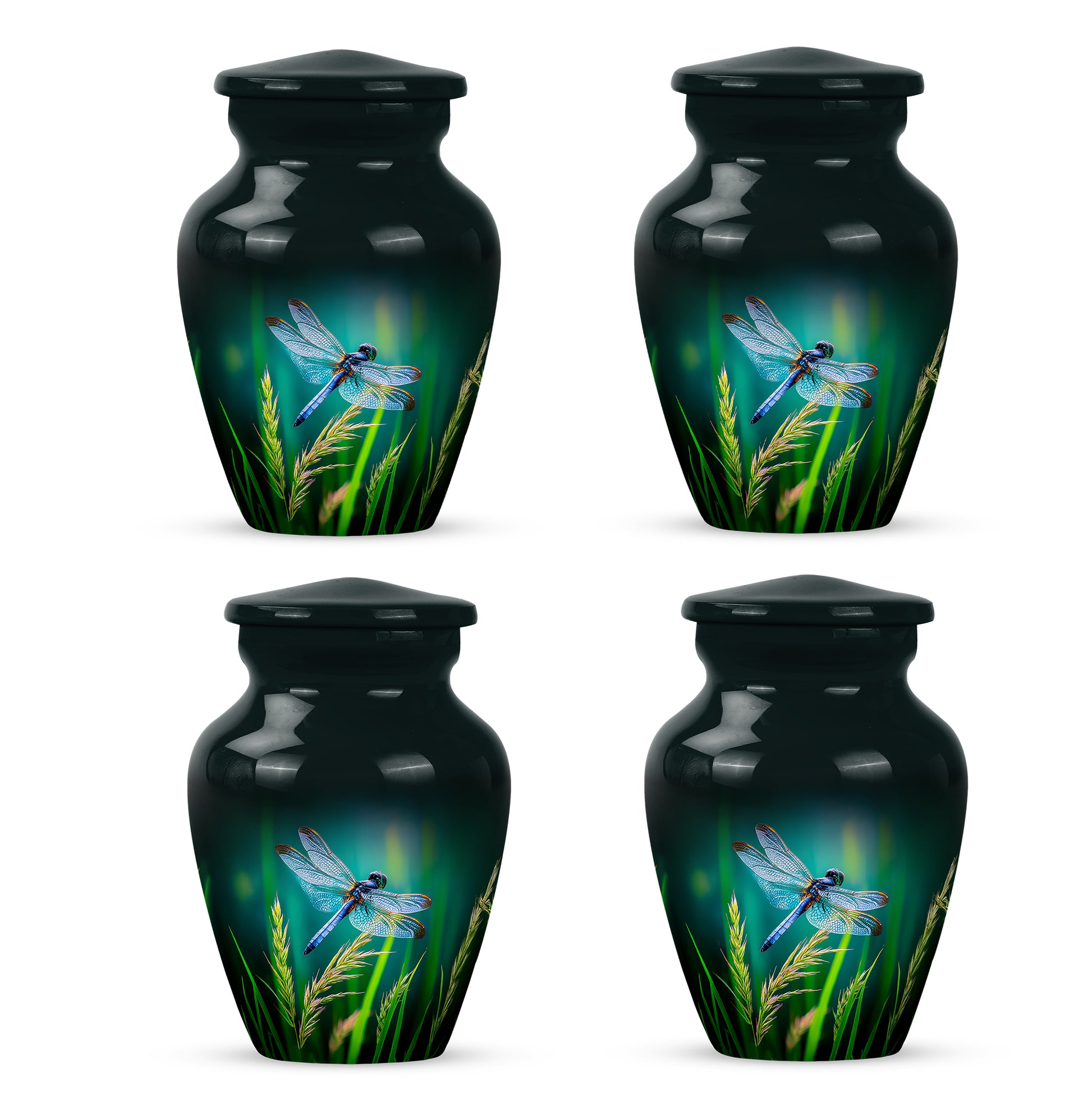 Mystic Teal Dragonfly Cremation Urn side profile showing urn shape - traditional dragonfly engraving with hand-polished finish - 10 inch aluminum urn for cremated remains