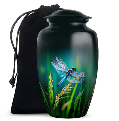 Mystic Teal Dragonfly Cremation Urn angled view of lid and engraved motif - traditional dragonfly engraving with hand-polished finish - full-size 10 inch 200 cubic inch adult cremation urn