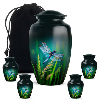 Ocean Teal Dragonfly Cremation Urn top-down view of secure threaded lid - classic sculpted dragonfly pattern on smooth aluminum - memorial set with one large and four small urns