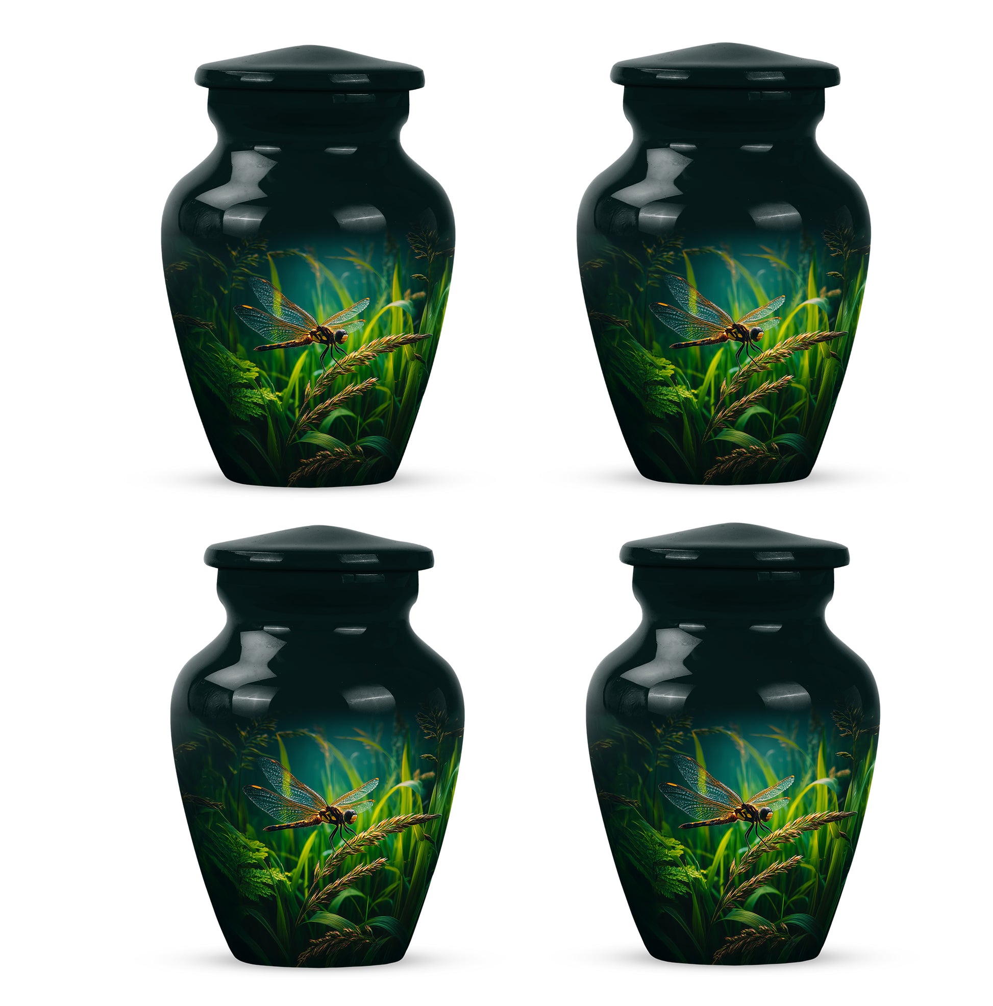 Rich Black Dragonfly Cremation Urn side profile showing urn shape - classic sculpted dragonfly pattern on smooth aluminum - 10 inch aluminum urn for cremated remains