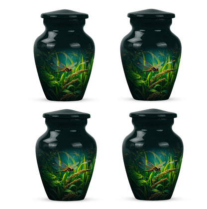 Rich Black Dragonfly Cremation Urn side profile showing urn shape - classic sculpted dragonfly pattern on smooth aluminum - 10 inch aluminum urn for cremated remains
