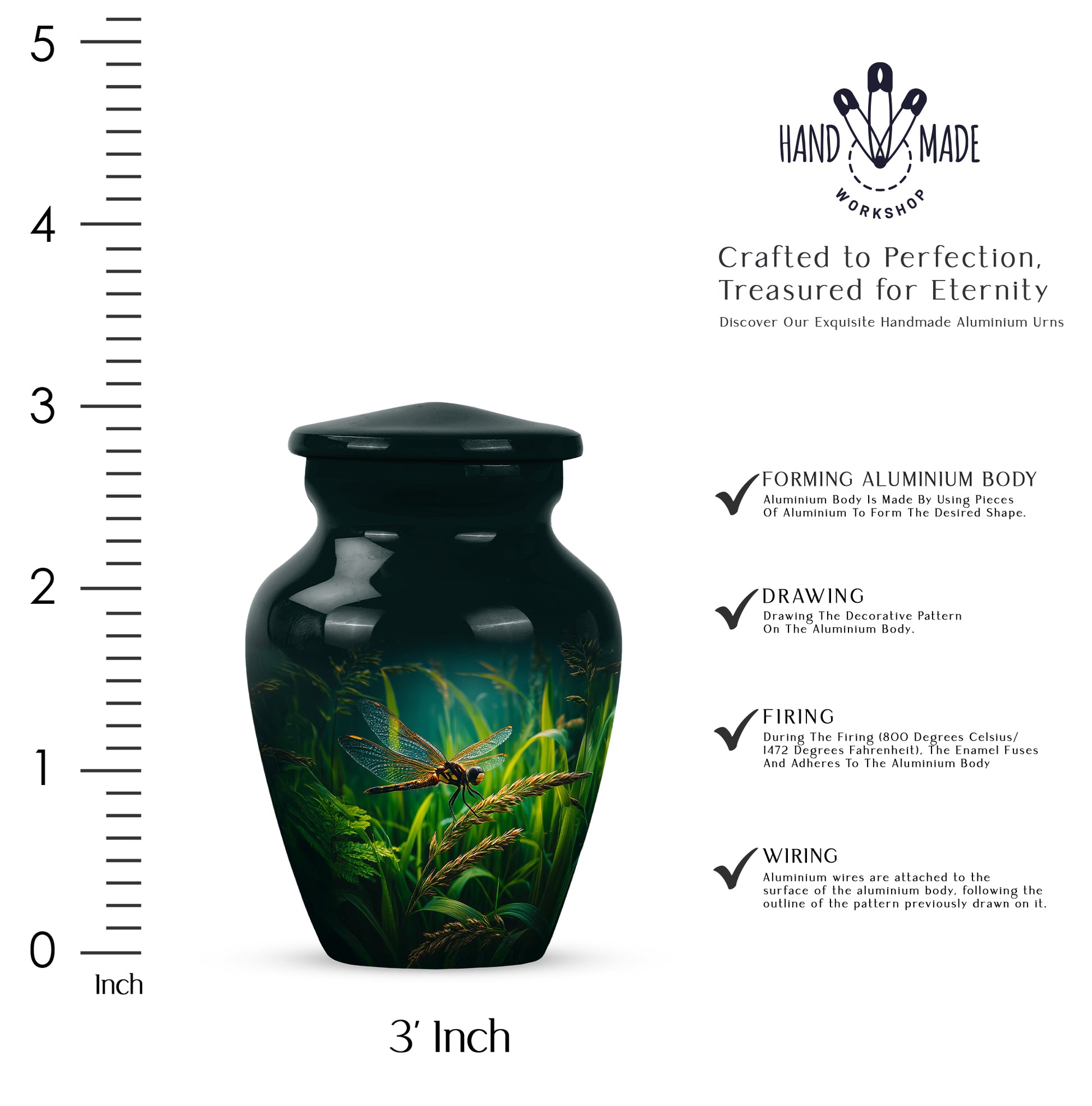 Charcoal Black Dragonfly Cremation Urn close-up of engraving and surface detail - elegant classic dragonfly relief with fine detailing - mini keepsake memorial for portion of cremation ashes